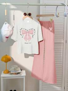 2 件套女童少女两件套，蝴蝶结标语 T 恤和喇叭裤，可爱适合休闲装/学校