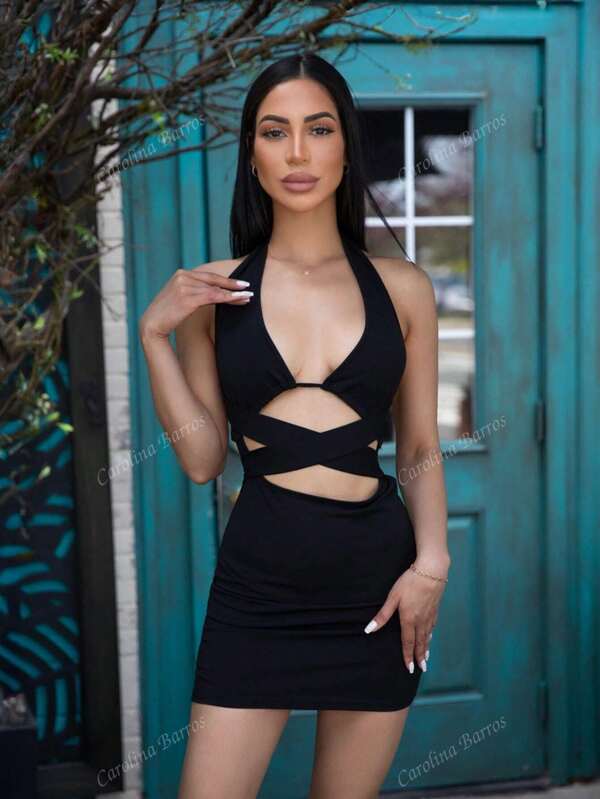 Carolina Barros Criss Cross Tie Back Plunging Neck Bodycon Dress