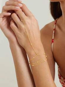 1 pieza Pulsera de cadena de enlaces con cuentas redondas doradas metálicas de varios niveles, diseño europeo americano de moda, accesorio de playa de verano para mujer