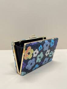 Asymmetrical Floral, Shiny Sequin Flower, Sparkling Elegant Refined Vintage Floral Pattern Clutch Bag, 2025 Evening Bag, Party Girl Night Bag, Suitable For Women, Perfect For Party, Wedding, Prom, Banquet/Gala, Best Gift For Her - Navy Blue - View 6