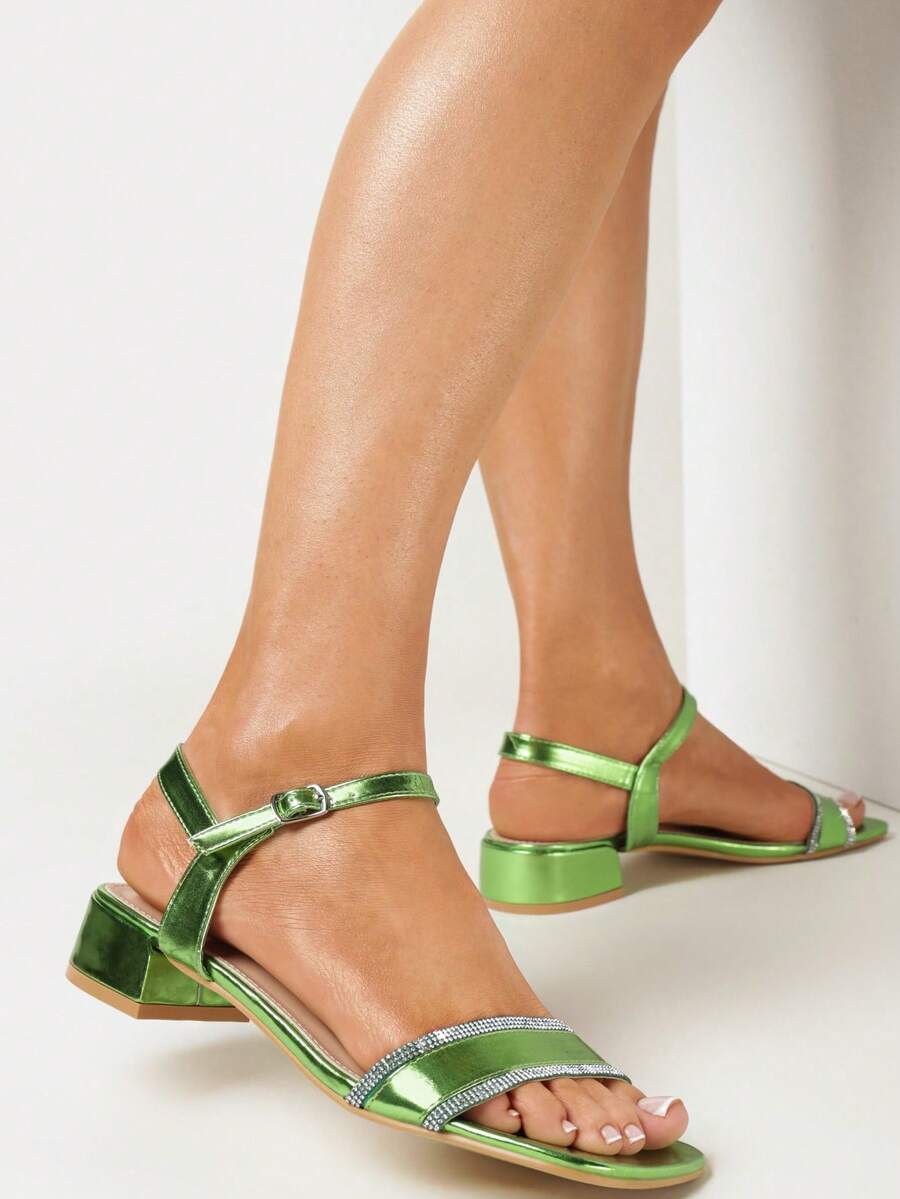Low Heel Sandals With Zirconia For Daily Wear - Green - View 1