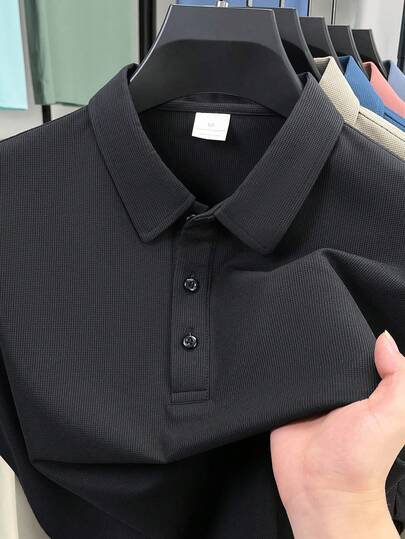 Men's Solid Color Wide Placket Waffle Pineapple Pattern Short Sleeve Polo Shirt, Casual & Business Style