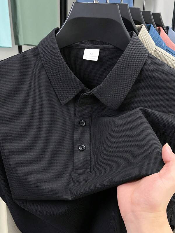 Men's Solid Color Wide Placket Waffle Pineapple Pattern Short Sleeve Polo Shirt, Casual & Business Style