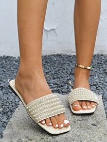 女士休闲水晶装饰一脚蹬平底鞋，优雅舒适凉鞋 - 米色 - 查看 7