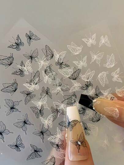 1/2片装 新款3D手绘蝴蝶美甲贴纸，带镂空液体，简约黑白蝴蝶美甲装饰贴纸，适用于美甲设计DIY美甲用品