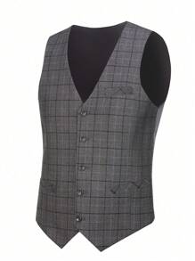 Traje de 3 piezas para hombres en diseño a cuadros, elegante y casual, corte slim, de solapa sencilla, para bodas, negocios o eventos, incluye blazer, chaleco y pantalón, color gris, tallas XS-3XL