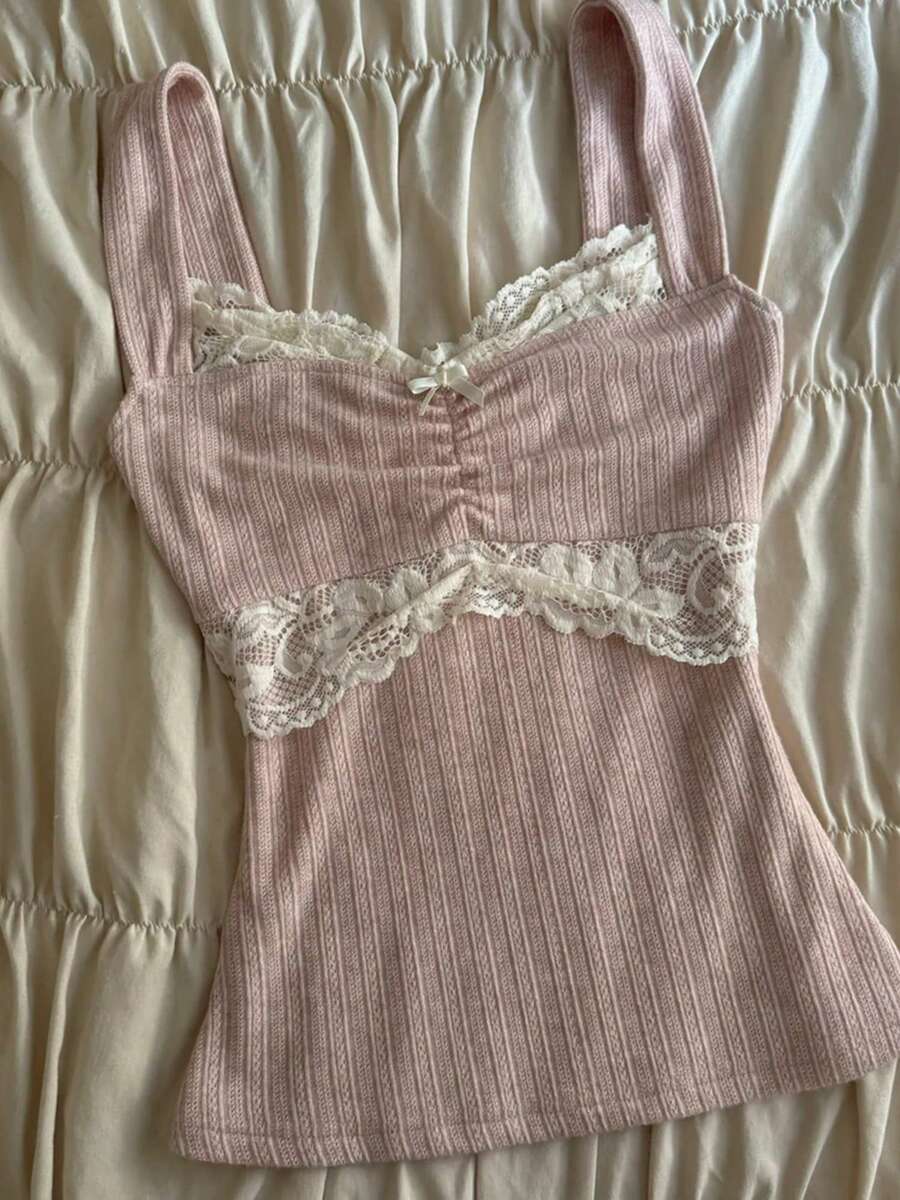 Women Y2K Cute Lace Trim Cami Top Aesthetic Slim Fit Milkmaid Vest Cottage Crop Tank Top Going Out Tops Cute Coquette Clothes - 粉色 - 查看 1