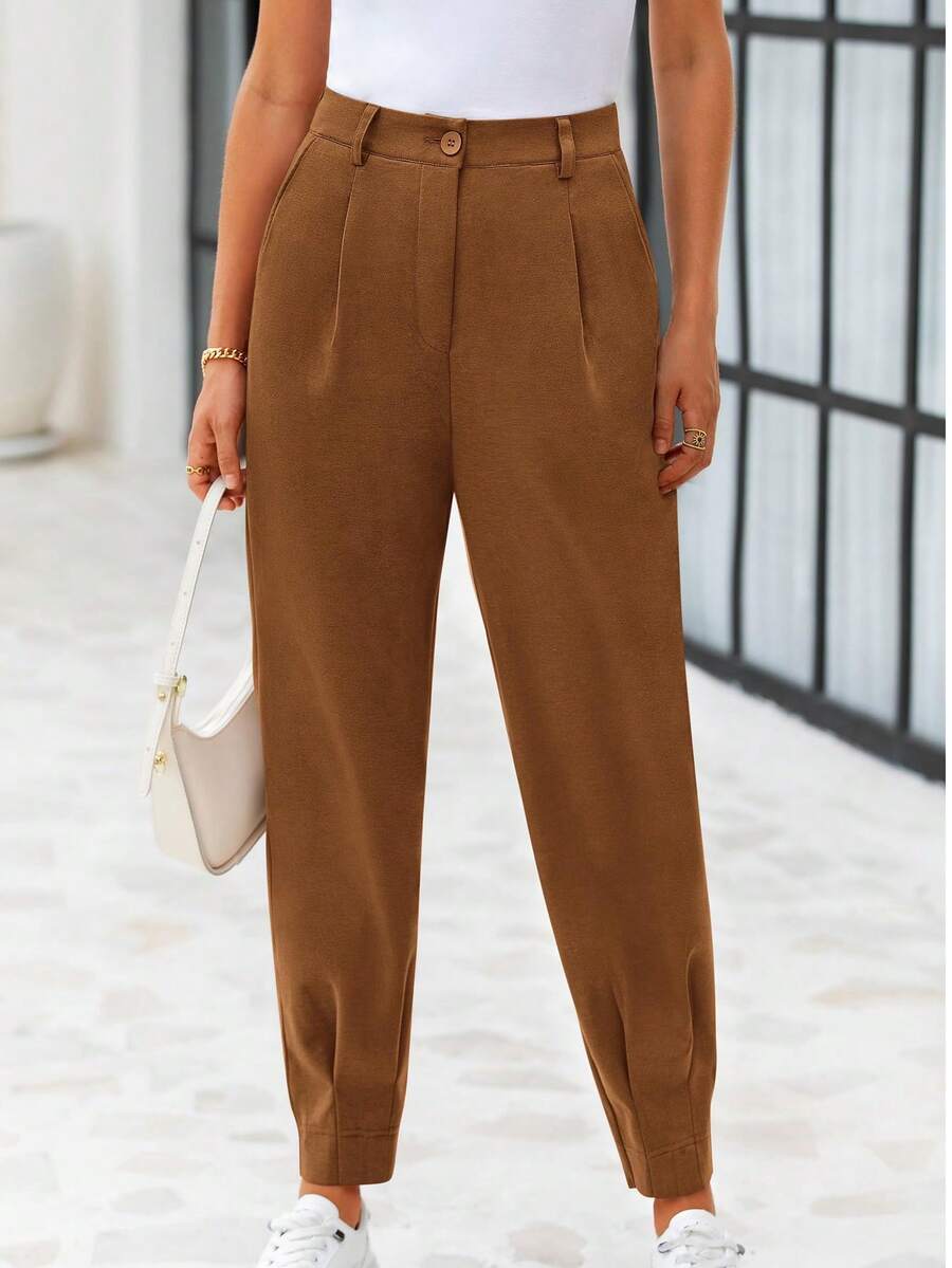tooluck Women's High Waisted Ankle Length Trousers Slacks With Pockets Brown - 棕色 - 查看 1