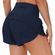 Womens High Waisted Running Shorts Quick Dry Athletic Workout Shorts With Mesh Liner Zipper Pockets Loose Fit - 藏蓝色 - 查看 1