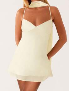 Women Mini Dress Floral Print/Solid Color Sleeveless Cami Dress Summer Backless Dress with Choker Scarf - Amarillo - Ver 2