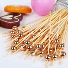 200/100/50/25/10pcs Golden Pearl Bamboo Skewers, 4.7inch Wooden Fruit Picks For Party, Birthday, Wedding, Club, Fruit, Cupcake, Hamburger, Bbq, Table Decoration And Dessert Accents
