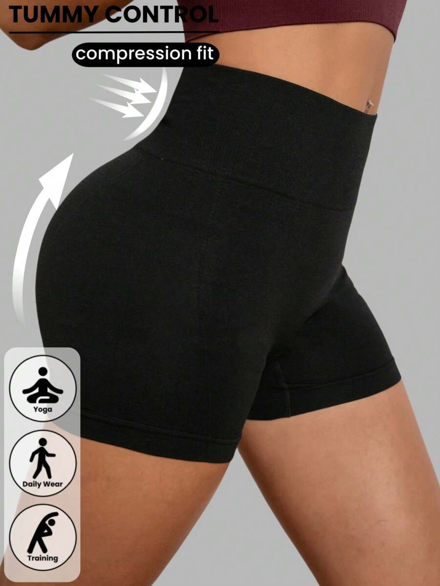 1pc Women's Seamless High Waist Solid Color Knitted Sports Shorts, Yoga Training Cycling Shorts, Comfortable Skin-Friendly Fashion Activewear