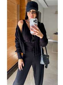 Tri-Pack Cardigan Tank Top And Pants Casual Elegant Boho Sexy Knit Fabric Daily - 黑色 - 查看 2