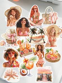 Set da 17 pezzi di adesivi estivi cartoni animati Sha Tin per bikini, resort, decorazione di album, planner giornalieri, diari, forniture scolastiche, back to school
