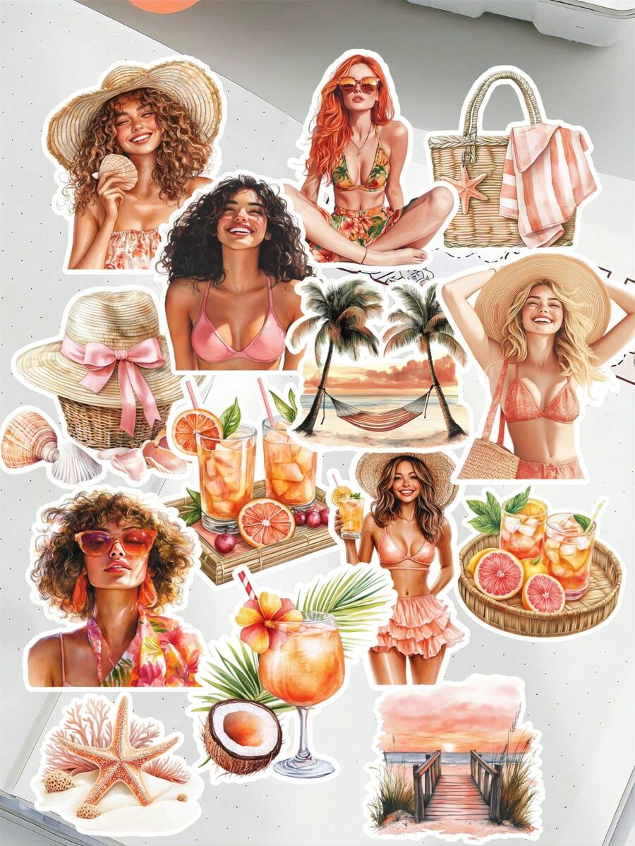 Set da 17 pezzi di adesivi estivi cartoni animati Sha Tin per bikini, resort, decorazione di album, planner giornalieri, diari, forniture scolastiche, back to school