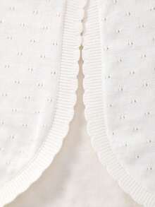 Girls Solid Color Knit Short Sleeve Cardigan, With Delicate Lace Trim At Collar, Cuffs, And Hem, Perforated Design, Ideal For Summer Beach Wear - Beige - View 3
