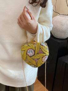 女士花卉亮片拼布心形包，别致金属配件手拿包，适合派对、宴会、婚礼、度假、斜挎单肩包（带链条）、化妆包 - 黃色 - 查看 3