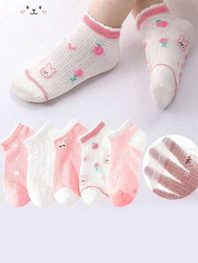 5 Pairs Kids Colorful Spring/Summer Mesh Ankle Socks, Low-Cut Breathable Short Socks For Girls