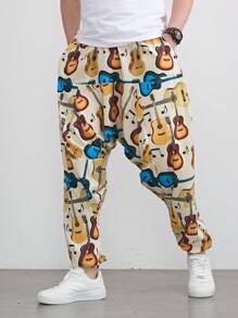 Pantalones harem sueltos de moda con gráfico de guitarra para hombres, uso casual diario, estilo hip hop y rock