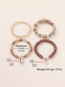 4 件波西米亚风格度假时尚玻璃珠、木珠、贝壳吊坠手链套装，女士休闲百搭串珠手链