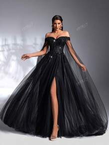 IBTRLY Elegant Black Off Shoulder V-Neck Mesh Full-Dress Formal Party Evening Dress