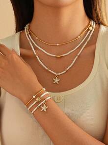 6/3 件波西米亚多层项链和弹力绳手链套装，饰有串珠海星、贝壳和珍珠装饰 - 可调节 - 非常适合海滩度假派对 - 女士夏季珠宝和配饰