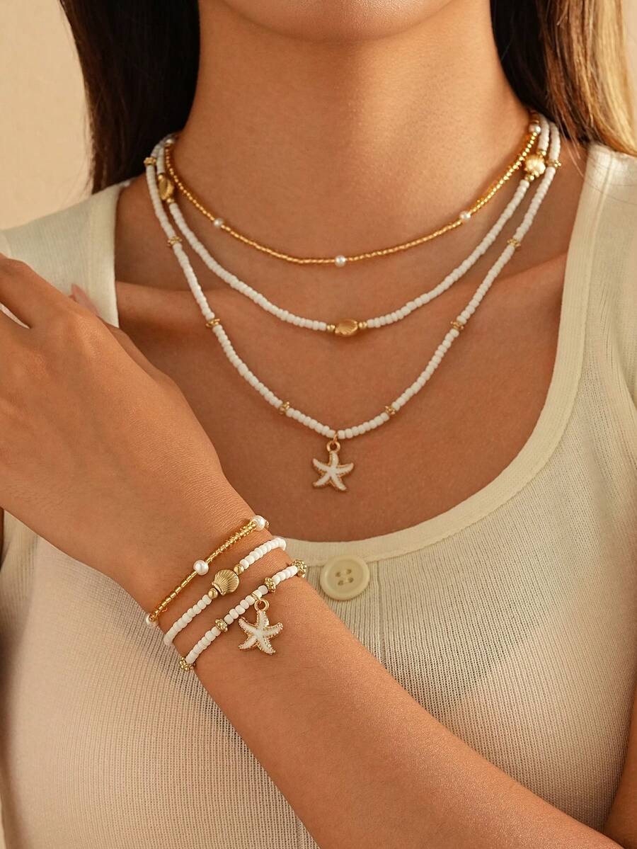 6/3 件波西米亚多层项链和弹力绳手链套装，饰有串珠海星、贝壳和珍珠装饰 - 可调节 - 非常适合海滩度假派对 - 女士夏季珠宝和配饰