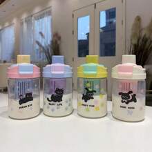 1pc 600ml Cute Cat Design Plastic Cup With Dual Straws, Leak-Proof, Large Capacity, Portable For Outdoor, Student, High-Quality Appearance, With Tea Strainer