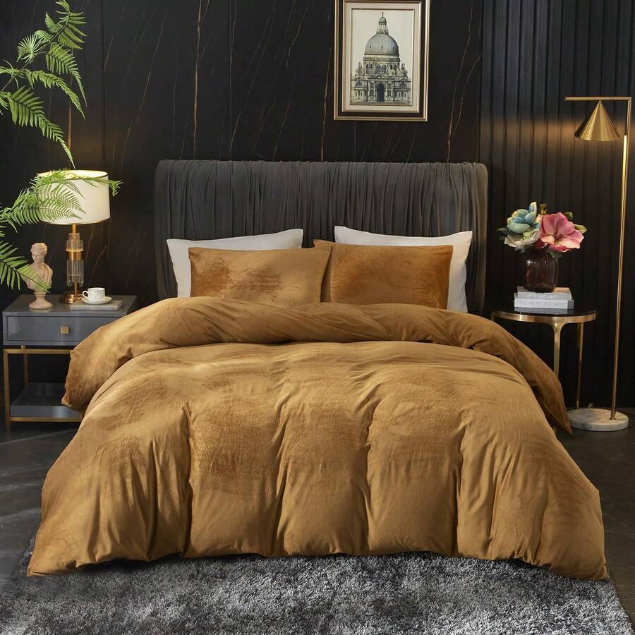 DIvellow Velvet Duvet Cover Queen Set Sage Green Comforter Cover 3Pcs Ultra Soft Cover Breathable Solid Luxury Flannel Velour Duvet Cover Zipper Closure Corner Tie - 鏽 - 查看 1