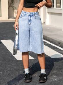 Damskie, casualowe, proste, jeansowe szorty do połowy uda z nadrukiem w płatki śniegu