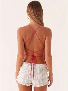 Women's Y2K Spaghetti Strap V-Neck Top With Bead Flower Patch Pattern Backless Cross Tie Up For Summer Vest Slim Fit Top - Orange - View 4