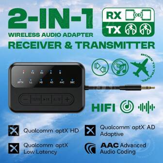 KZ Récepteur/émetteur Bluetooth 5.4 2 en 1 AptX, AptX-Adaptive AD/HD/LL AAC 3,5 mm AUX Hi-Fi, adaptateur sans fil multipoint pour avion, TV, PC, voiture, casque, enceinte