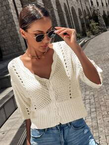 Women's Knitted Casual Commuter Top, Spring Summer Solid Color V Neck Short Sleeve Hollow Out Loose Cardigan, Modest Vintage Old Money Style Back To School Fall/Autumn Clothes - 白色 - 查看 1