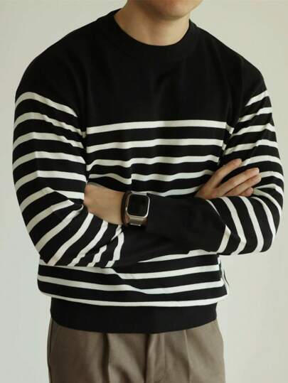 Suéter clásico de manga larga con rayas en el hombro para hombre, jersey de punto versátil para uso diario