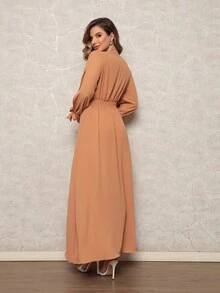 FASHION MIX PREMIUM Elegant Long Dress With Slit Long Sleeves With Tie With V-Neckline And Waist Adjustment Plus Size Women's Fits 38 To 44 - Lạc đà - Xem 6