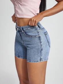 Jeanoix Alphabet Badge Stretchy Slim Fit Denim Shorts - Light Wash - View 3