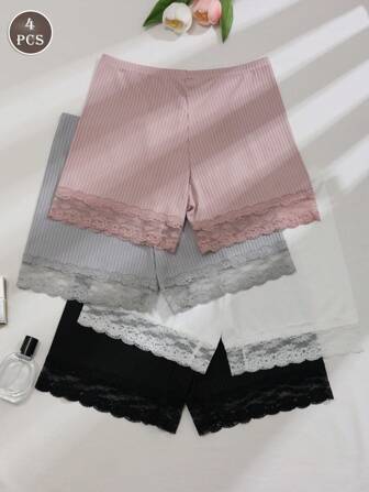 4pcs Women's Sweet Solid Color Knitted Fabric Gathering Mid-Waist Briefs