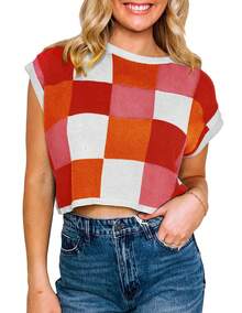 Women's  Color Block Crop Tops Summer Cap Sleeve Knit Tee Shirt Going Out Crew Neck Casual Sweater - 紅色 - 查看 3