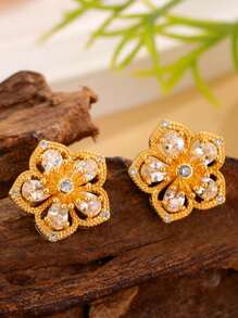 1pair 2025 New Design Copper 18k Gold Plated Zirconia Stone Hollowed-Out Flower Earrings Studs, Creative Jewelry Gift For Women, Wedding, Christmas, Valentine's Day