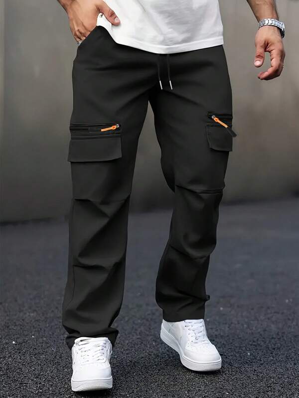 Men's Autumn & Winter Outdoor Workwear Straight-Leg Black Pants: Large Zippered Pockets, Elastic Drawstring Waist, Slant Pockets-Perfect For Trekking, Fishing, Camping, Climbing, Sports, Fitness, Running And Casual Wear.