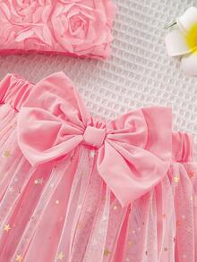 年轻女孩优雅花卉刺绣上衣和星星网裙两件套，时尚可爱迷人 - 粉色 - 查看 8