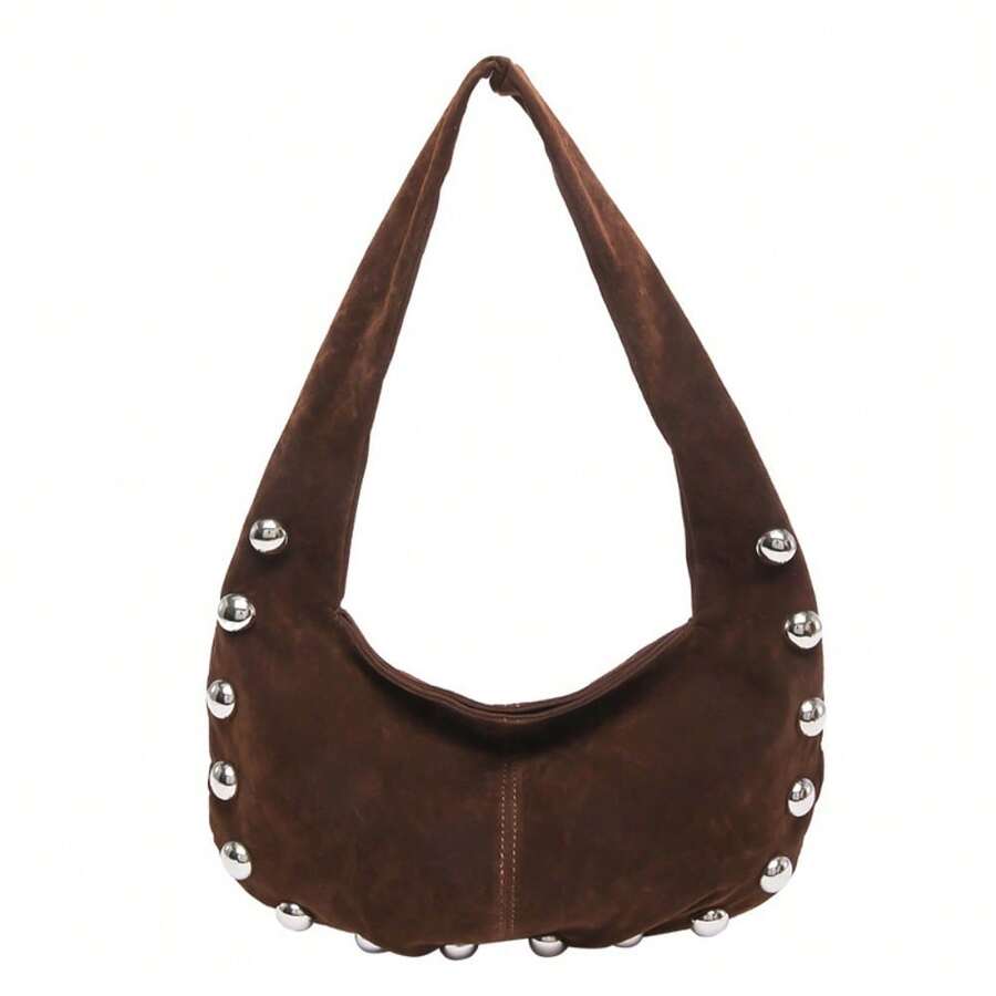 Women Suede Hobo Bag Studded Shoulder Bag Solid Color Handbag - Dark Brown - View 1