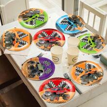 30 件越野赛车主题一次性纸盘，7 英寸越野怪物卡车盘，适合生日派对、赛车主题活动、节日、日常餐饮 - 彩色 - 查看 7