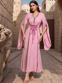 BEAUTY AMINAH 5039 V-Neck Women Abaya Dress, Waist Tie Belt + Handmade Crystal Flared Sleeve, Eid Festival Party Gown