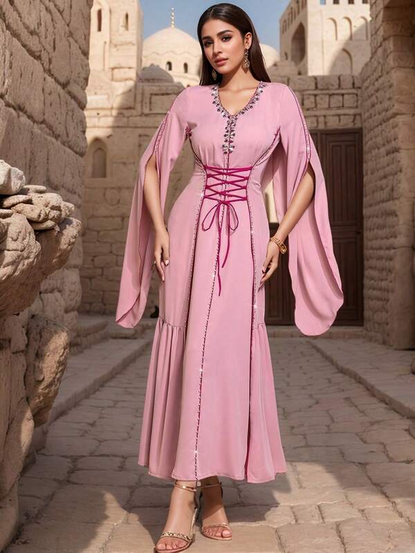 BEAUTY AMINAH 5039 V-Neck Women Abaya Dress, Waist Tie Belt + Handmade Crystal Flared Sleeve, Eid Festival Party Gown