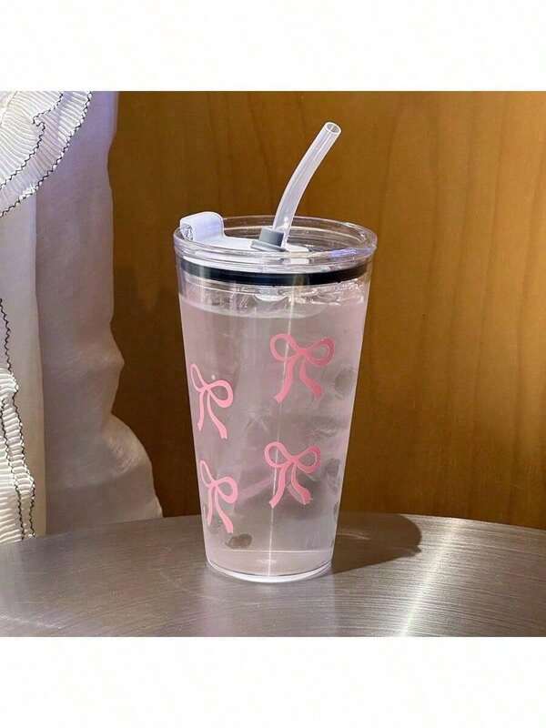 1pc Bowknot Print Transparent Plastic Cup, Casual Water Bottle For Everyday Use