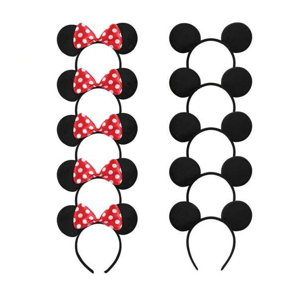 Disney 10pcs Mouse Ear Headband With Black & Red Polka Dot Bow Design, Polyester Cartoon Theme Party Headpiece, Suitable For Birthday, Easter, Christmas Party And Dinner Celebration