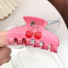 1 Stück neue Design Karomuster Kirsche Bommel Acryl Haarspange, modische Haarkralle für Frauen, mittelgroßer runder Bissstil Mode Haaraccessoire elegante Haarspange