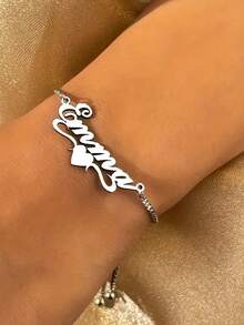Pulsera personalizada con placa con nombre en forma de corazón de acero inoxidable con caja de regalo, pulsera ajustable con placa personalizada - Accesorio clásico femenino con detalle de corazón, regalo de joyería para mamá, hermana, esposa, novia - Multicolor - Ver 3