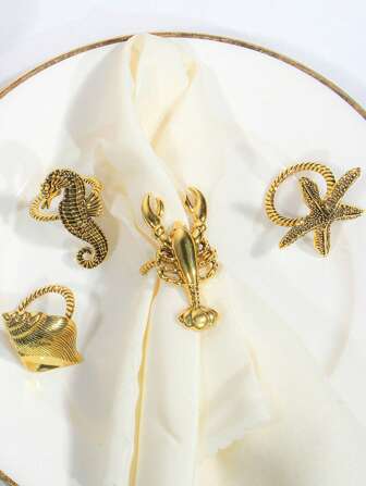 4pcs Set Vintage Gold Seashell, Starfish, Seahorse, Lobster Assorted Ocean Series Napkin Rings, Dining Table Decor
